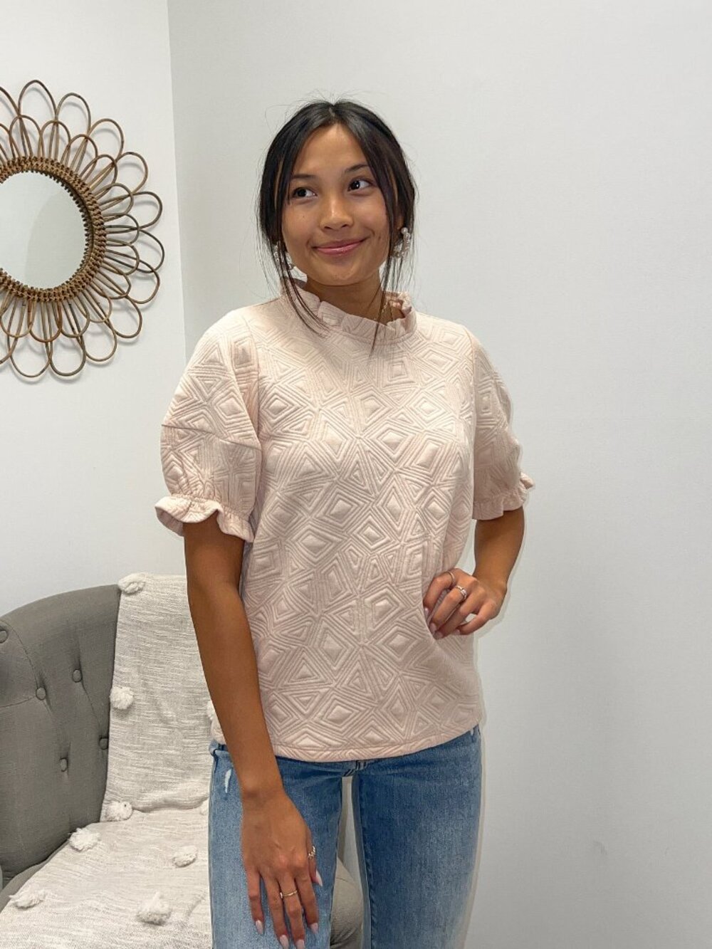 THML Cream Textured Puff Sleeve Top